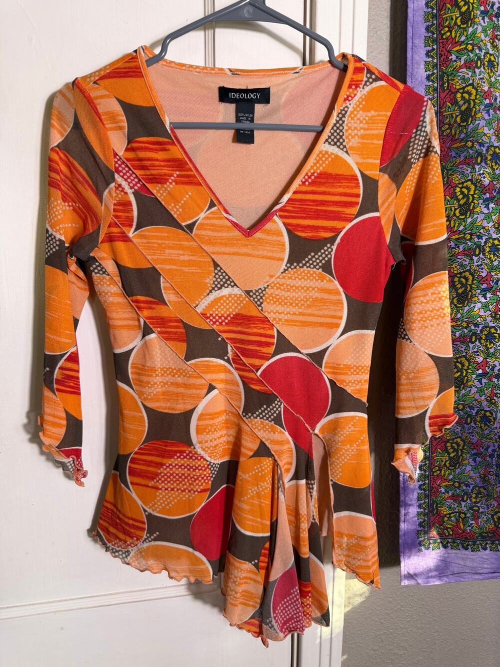 Y2K Ideology Mesh Top Orange Mod Circle Print Asymmetrical Handkerchief Hem - XS